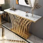 Tribesigns Gold Console Table, 150 x 29.5 x 80 cm Modern Entryway Table with Grid-Shaped Metal Base for Entrance, Hallway, Entryway, Living Room(White Faux Marble & Gold) - Image 4
