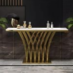 Tribesigns Gold Console Table, 150 x 29.5 x 80 cm Modern Entryway Table with Grid-Shaped Metal Base for Entrance, Hallway, Entryway, Living Room(White Faux Marble & Gold)