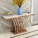 Tribesigns Gold Console Table, 150 x 29.5 x 80 cm Modern Entryway Table with Grid-Shaped Metal Base for Entrance, Hallway, Entryway, Living Room(White Faux Marble & Gold) - Image 5