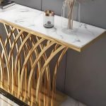 Tribesigns Gold Console Table, 150 x 29.5 x 80 cm Modern Entryway Table with Grid-Shaped Metal Base for Entrance, Hallway, Entryway, Living Room(White Faux Marble & Gold) - Image 3