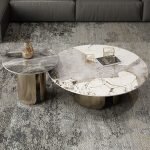 Chic Modern Round Beige Stone Top Coffee Table with Industrial Iron Base - 70 x 70 x 40 cm + 50 x 50 x 50 cm Gold - Image 3