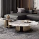 Chic Modern Round Beige Stone Top Coffee Table with Industrial Iron Base - 70 x 70 x 40 cm + 50 x 50 x 50 cm Gold