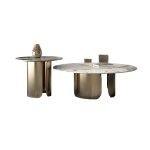 Chic Modern Round Beige Stone Top Coffee Table with Industrial Iron Base - 70 x 70 x 40 cm + 50 x 50 x 50 cm Gold - Image 4