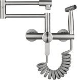SJQKA-Wall Mounted Kitchen Tap, 304 Stainless Steel Material, Cold and Hot Dual Function Folding, Rotatable, with Spray Gun (Brushed Nickel)