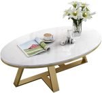 CREATIVE SKILLS Double-Layer Marble-Look Coffee Table with Metal Storage in The Round Shape That is Perfect for a Living Room (Gold & White Tx) - Image 2