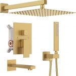 IRIBER Champagne Bronze Rain Shower System with 3 Function Waterfall Spout Gold Shower Faucet Set Includes 12" Shower Head and Brushed Brass Shower Trim Kit (Valve Included)