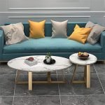 CREATIVE SKILLS Double-Layer Marble-Look Coffee Table with Metal Storage in The Round Shape That is Perfect for a Living Room (Gold & White Tx)