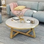 CREATIVE SKILLS Double-Layer Marble-Look Coffee Table with Metal Storage in The Round Shape That is Perfect for a Living Room (Gold & White Tx) - Image 4