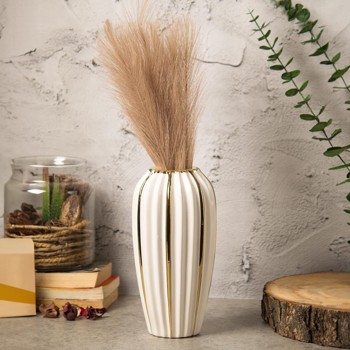 Market99 Grey Ceramic Vase - Ribbed Design, Flower Holder | Vase for Flower Pot, Gift, Home Decor, Bedroom, Office, Living Room, Aesthetic - Image 1