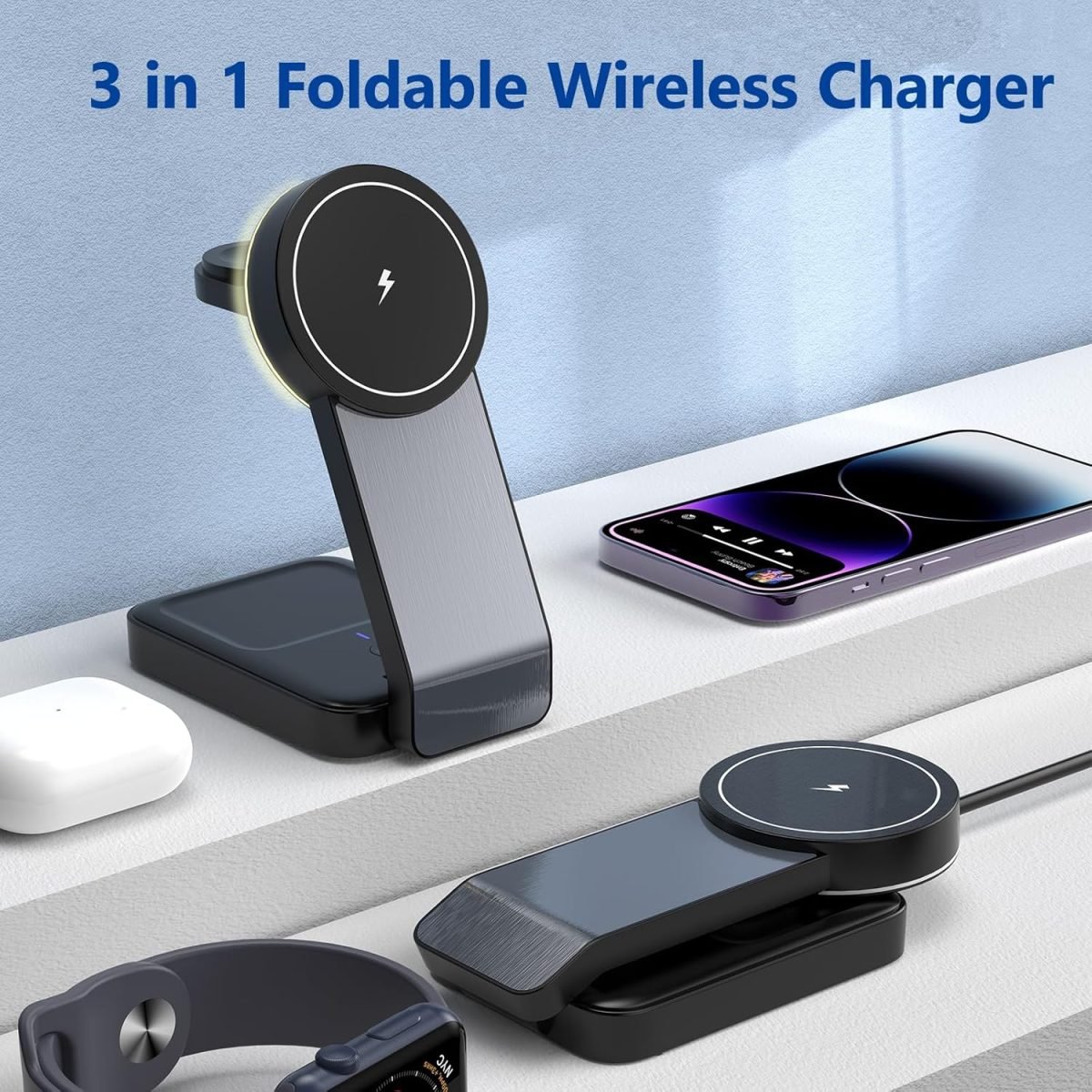 81dZ2iim1GL._AC_SL1500_ Mag safe Charger Stand 3 in 1, 15W Mag safe Charging Stand Foldable for iPhone 15 Pro Max/14/13, Magnetic Portable Charger Travel for Apple Watch Series 8, Apple Wireless Charger for Airpods pro 2nd - Image 1