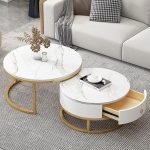 Nesting Round Low Coffee Table with Drawers - Gold Table Base + Slate, for Small Spaces - Home, Living Room, Apartment, E, 80+60cm (F 80+60cm)