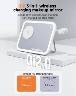 KC QI2 Magnet Cell Phone Charging 3 In 1 Portable Wireless Desktop Charger Station With Makeup Mirror in Led Light - Image 3