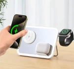 KC QI2 Magnet Cell Phone Charging 3 In 1 Portable Wireless Desktop Charger Station With Makeup Mirror in Led Light