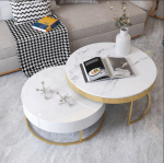 Nesting Round Low Coffee Table with Drawers - Gold Table Base + Slate, for Small Spaces - Home, Living Room, Apartment, E, 80+60cm (F 80+60cm) - Image 3