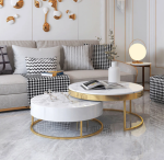 Nesting Round Low Coffee Table with Drawers - Gold Table Base + Slate, for Small Spaces - Home, Living Room, Apartment, E, 80+60cm (F 80+60cm) - Image 2