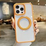 Rotating Metal Magnetic Stand Phone Case for iPhone 15 ProMax 14 13 Pro Max 15Pro Wireless Charge Clear Hard Cover,Orange,for iPhone 14