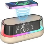 VOILEIPAGI Wireless Charging Digital Alarm Clock 15W, RGB Night Light, Snooze, 12/24H, 3-Level Brightness, Dual Alarm Clock for Heavy Sleepers, Bedroom Bedside Clock - Beige