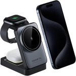 2024 Upgraded 3-in-1 Wireless Charger for iPhone,Travel Magnetic Charger Stand Nightlight Foldable Wireless Charging Station Compatible with Magsafe Charger&iPhone 16/15/14/13/12,Apple Watch&AirPods