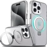VENA Magnetic Ring Case for iPhone 15 Pro Max (6.7”) [Compatible with Magsafe] with Sturdy Stand, Drop Protection, Shockproof Translucent Back Slim Protective Phone Case - Translucent/White
