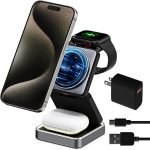 3 in 1 Magnetic Wireless Charging Station Portable Foldable Charging Stand Compact 3 in 1 Travel Charger 15W for iPhone 12-16 Series 2.5W for Apple Watch 5W for AirPods