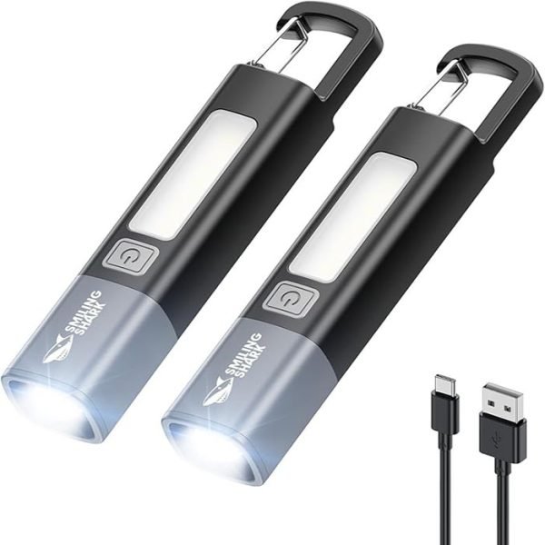 Smiling Shark Torch, G1 Pack of 2 Extremely Bright LED Torch Rechargeable with Side Light & 3 Modes & Zoomable Waterproof 2-in-1 Mini Torches with Hook for Hiking/Emergencies/Camping, Black [Energy Class A]