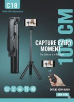 C18 Phone Tripod & Selfie Stick, All in One Extendable Cell Phone Tripod with Wireless Remote, Travel Tripods Stand for iPhone 360° Rotation Compatible with iPhone Android, Camera, Bluetooth Integrated Selfie Stick, Foldable, Black,Maximal length:103 cm