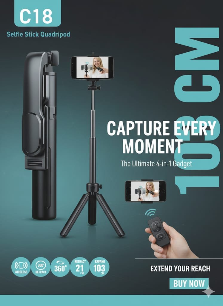 WhatsApp Image 2026-02-11 at 15.19.41 C18 Phone Tripod & Selfie Stick, All in One Extendable Cell Phone Tripod with Wireless Remote, Travel Tripods Stand for iPhone 360° Rotation Compatible with iPhone Android, Camera, Bluetooth Integrated Selfie Stick, Foldable, Black,Maximal length:103 cm - Image 1