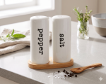 Minimalist Porcelain Salt & Pepper Shaker Set with Bamboo Base