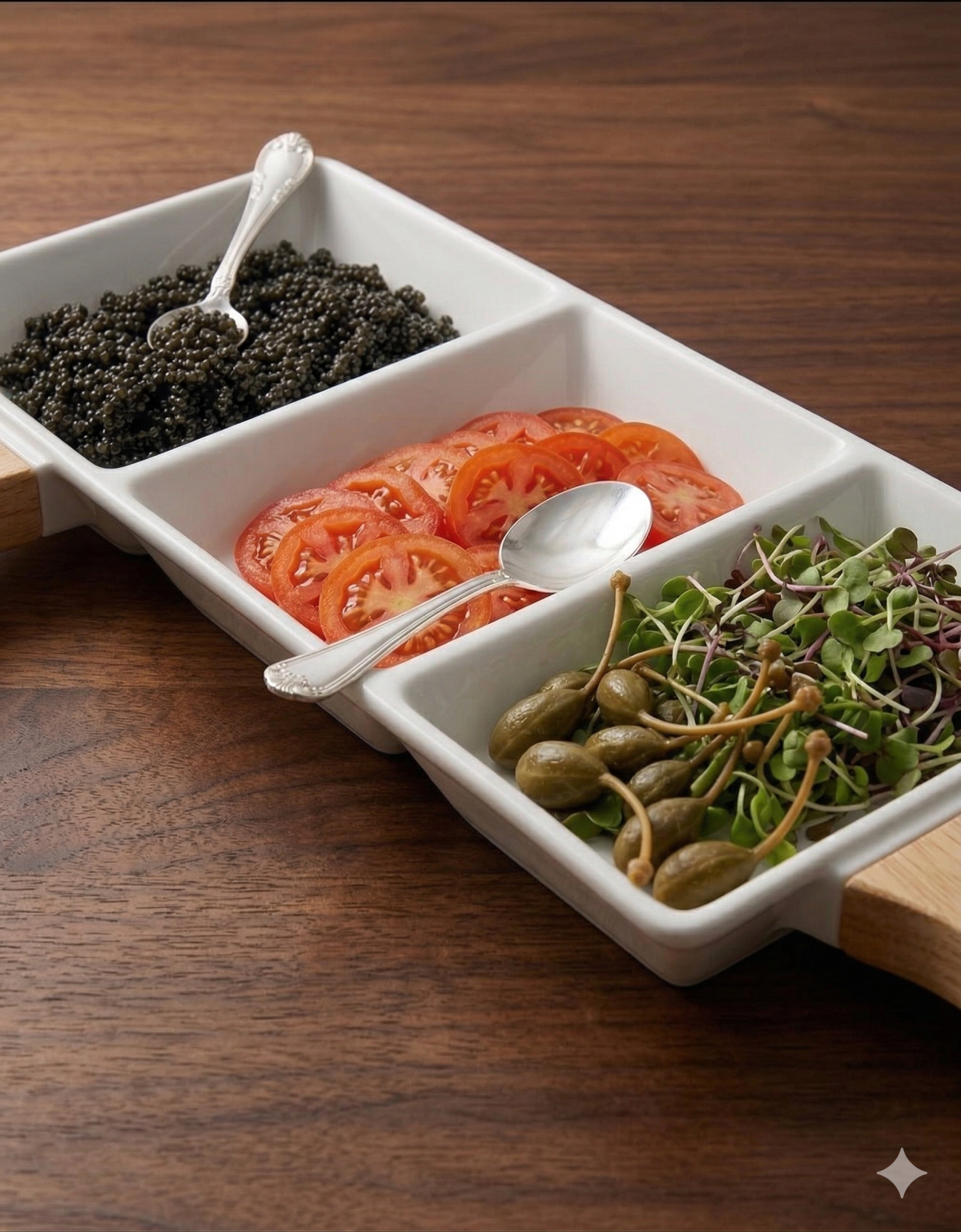he Artisan Burger & Taco Garnish Palette – Triple Ceramic Tray with Bamboo Handle - Image 2