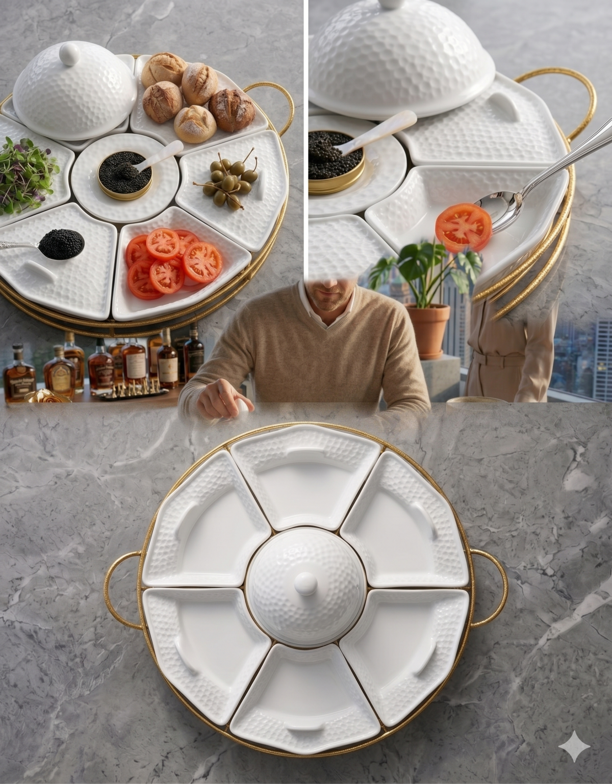 Opulent Geometry 6-Piece Sectioned Serving Set in White Porcelain and Gold - Image 7