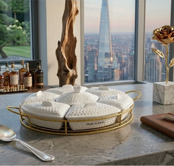 Opulent Geometry 6-Piece Sectioned Serving Set in White Porcelain and Gold