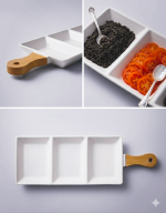 he Artisan Burger & Taco Garnish Palette – Triple Ceramic Tray with Bamboo Handle - Image 5