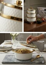 Hebena Luxury Diamond 3-Piece Fine Ceramic Serving Set with Gold Accents
